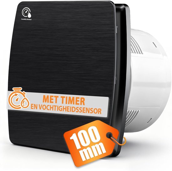 Zwarte badkamerventilator met geborsteld metaal effect, "MET TIMER EN VOCHTIGHEIDSSENSOR" tekst en een 100mm label.