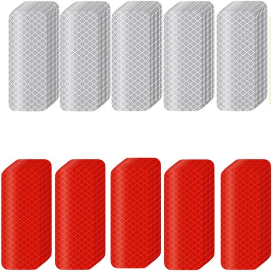Sets van witte en rode rechthoekige reflecterende stickers met een ruitpatroon.