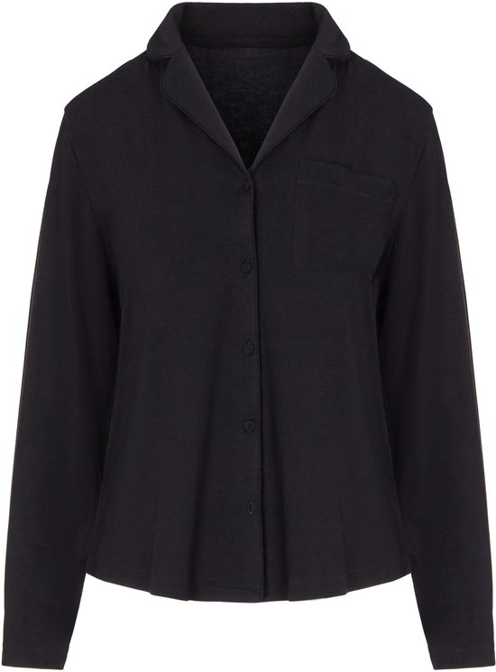 Zwart jersey pyjamajasje met knoopsluiting, kraag en een borstzak.