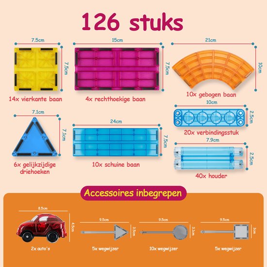 Overzicht van 126 magnetische bouwstukken in diverse vormen, kleuren en formaten inclusief auto's en wegwijzers.