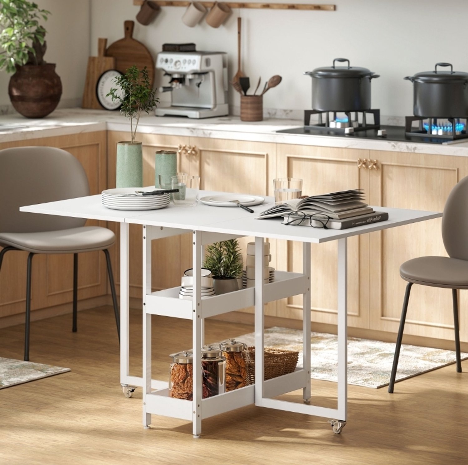 CHICFURN Eettafel 133,4 cm - 2-4 personen - Opklapbaar - 2 open vakken - Keuken en eetkamer - Melamine gecoate spaanplaat - Wit