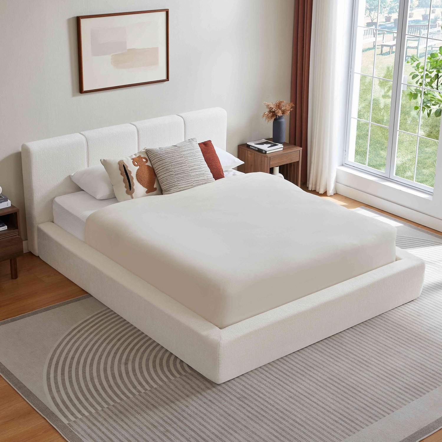VVBV Tweepersoonsbed 160x200 – Gestoffeerd Bed – Hoofdbord, Versterkt Stalen Frame, Zonder Matras, Eenvoudige Montage – Schuim – Crèmewit