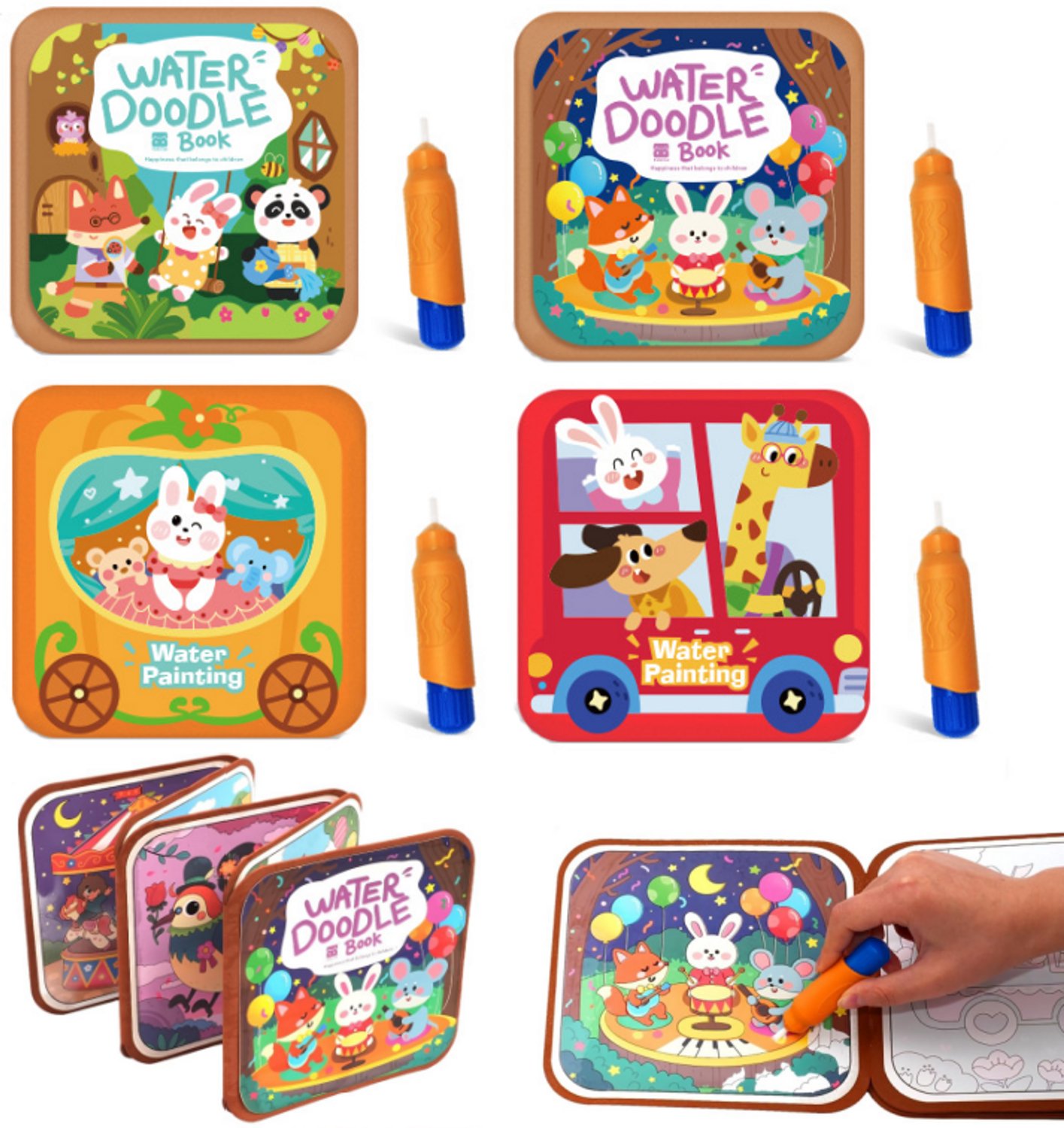 4 Stuks Magisch Waterverf Kleurboek Set, Herbruikbaar Vrij‑van‑Inkt Schilderboek, Educatief Reis Speelgoed voor Kinderen 1‑6 Jaar