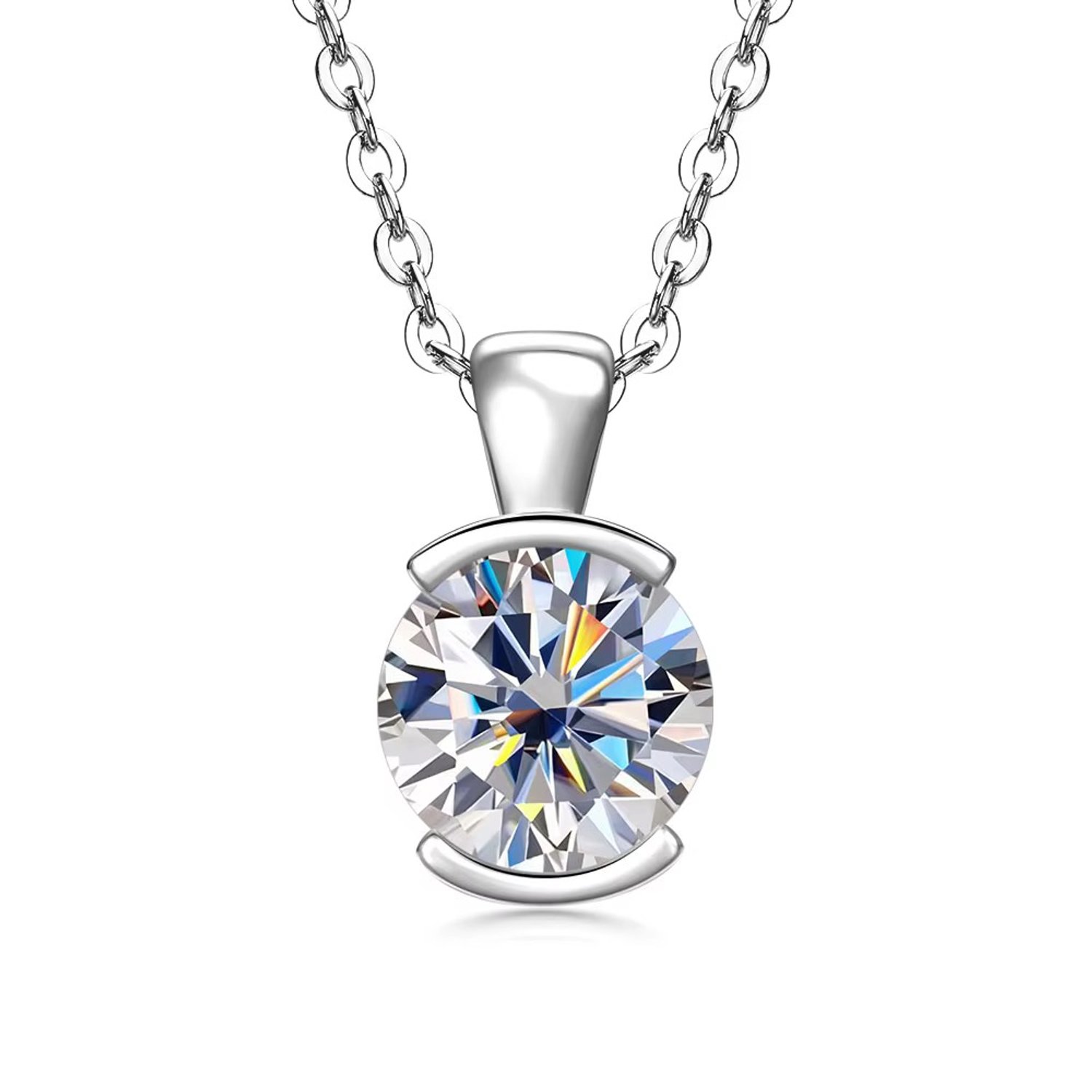 Selevie Ketting Witgoud met Ronde Solitaire Moissanite – 2 ct – Luxe Hanger – Diamond Look