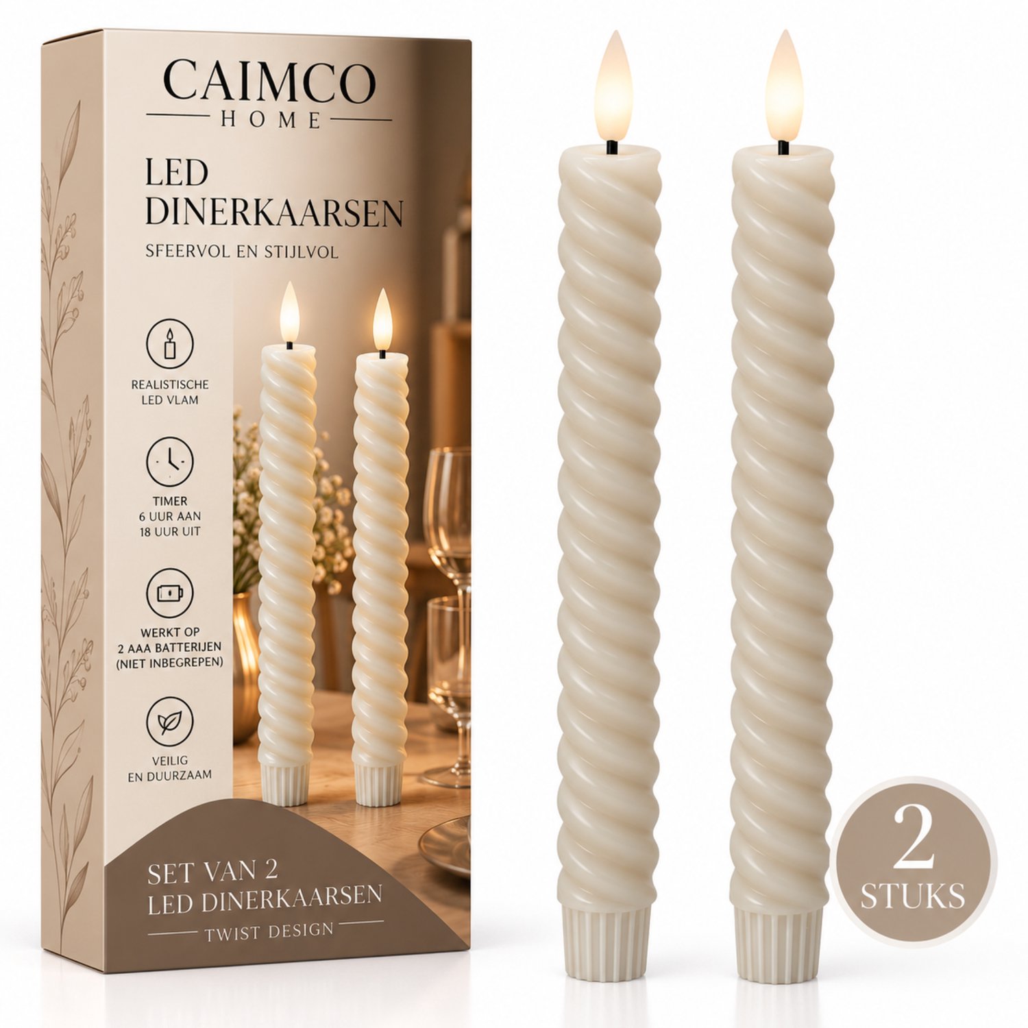 Caimco LED Dinerkaarsen – 2 Stuks – Gedraaide LED Kaarsen met Timer – Batterij – Warm Wit Licht – Crème – 3000 Branduren