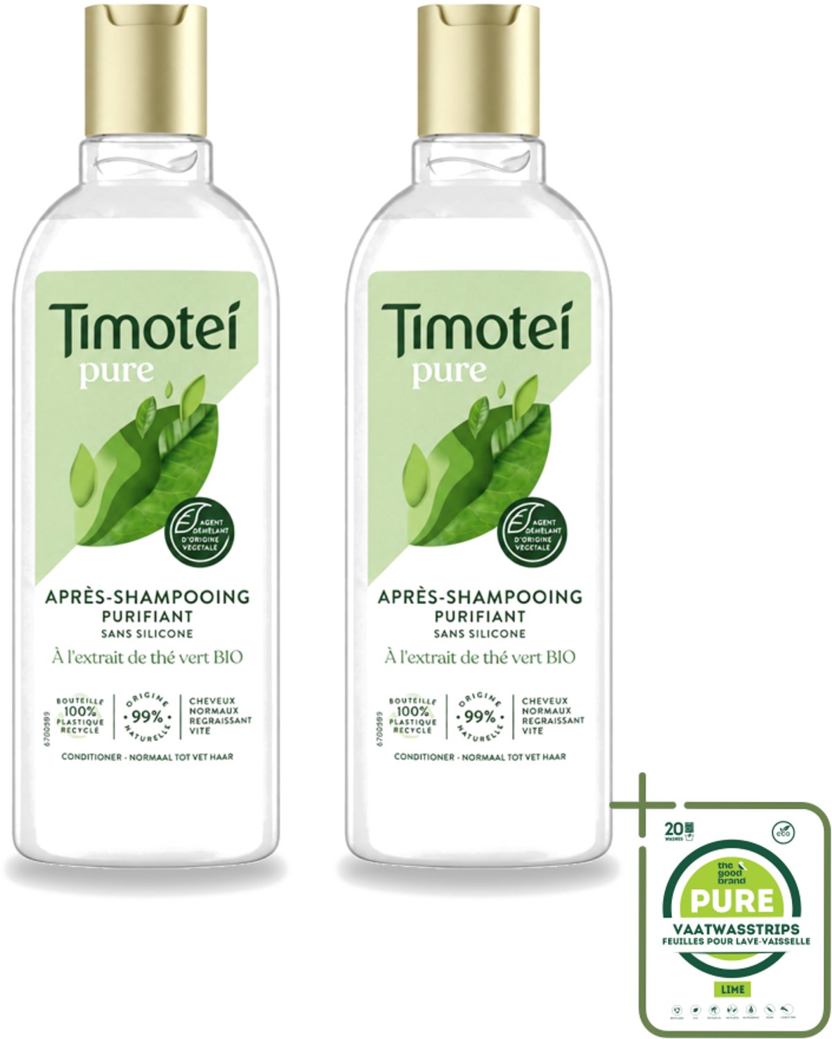 2 x Timotei Conditioner - pure groene thee - 300 ml - Grootverpakking - Vaatwasstrips - Groene Thee Conditioner - Zachte Haar - Fris Haar - Natuurlijke Haar Verzorging - Haar Verzorging