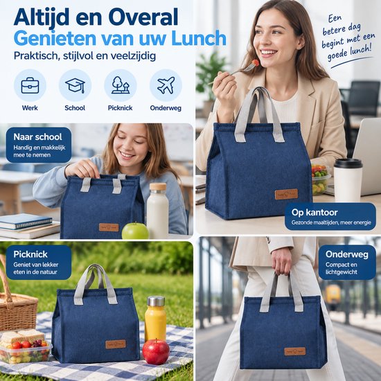 Lunchtas - Geïsoleerde Lunch Tas - Handige Draagtas voor Werk en School - Compacte Koeltas - Grote Opening met Klittenbandsluiting - 25,5 x 22,5 x 13 cm - Blauw — afbeelding 4
