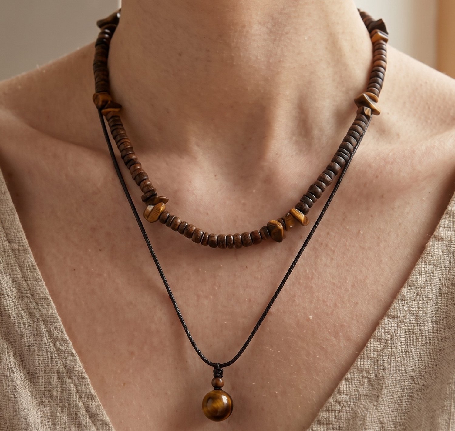 2-Delige Ketting Set - Handgemaakt - Bohemian Halsketting met Tijgeroog Kralen - Verstelbaar - Unisex Boho Sieraad