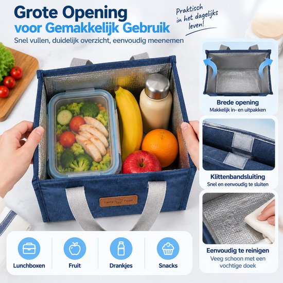 Lunchtas - Geïsoleerde Lunch Tas - Handige Draagtas voor Werk en School - Compacte Koeltas - Grote Opening met Klittenbandsluiting - 25,5 x 22,5 x 13 cm - Blauw — cadeau in Cadeau-ideeën - foto 6