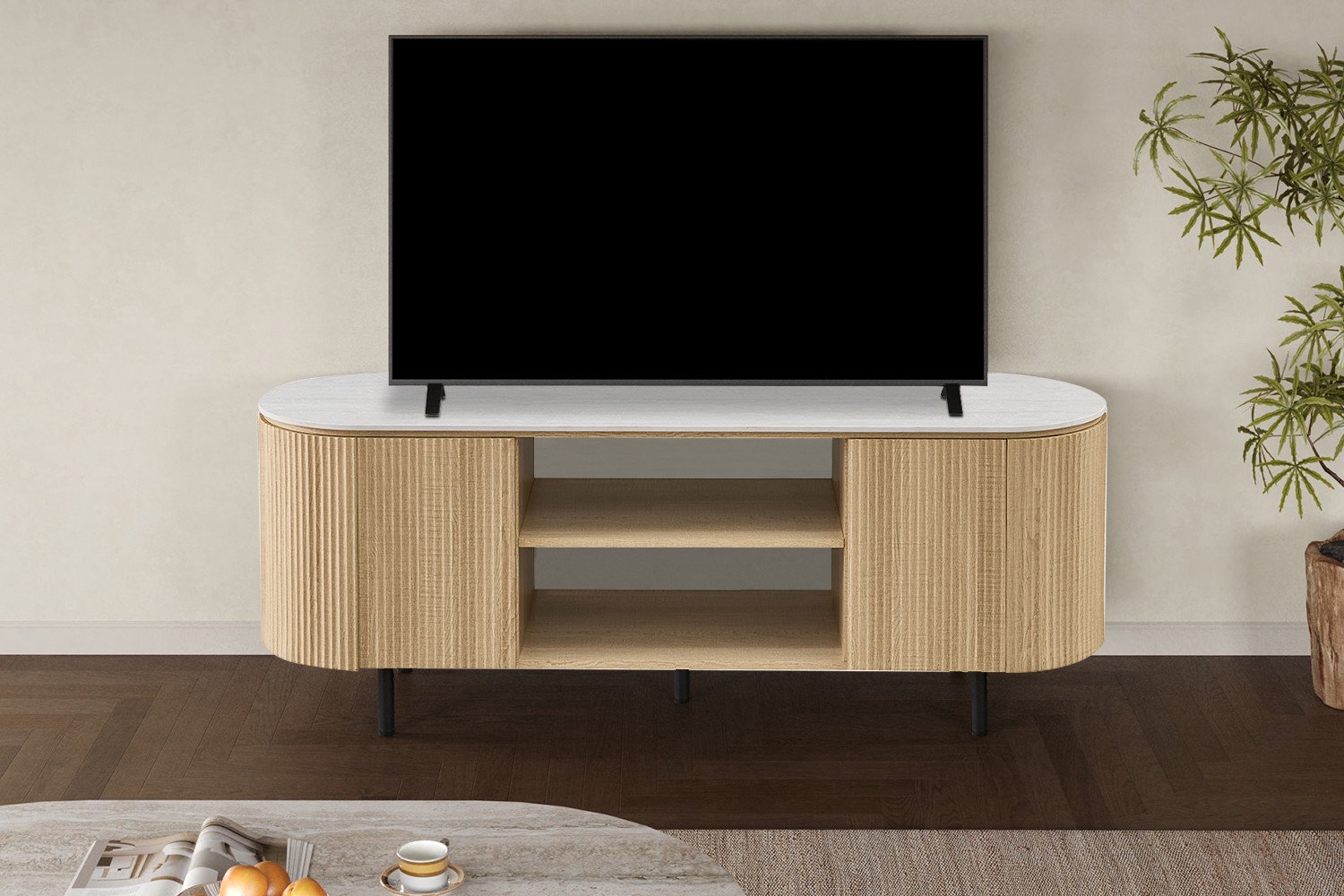 Rousseau Vigo TV-meubel – 160 cm – Naturel Eikenlook met Grijs Travertinlook Blad – Afgerond Retro Design