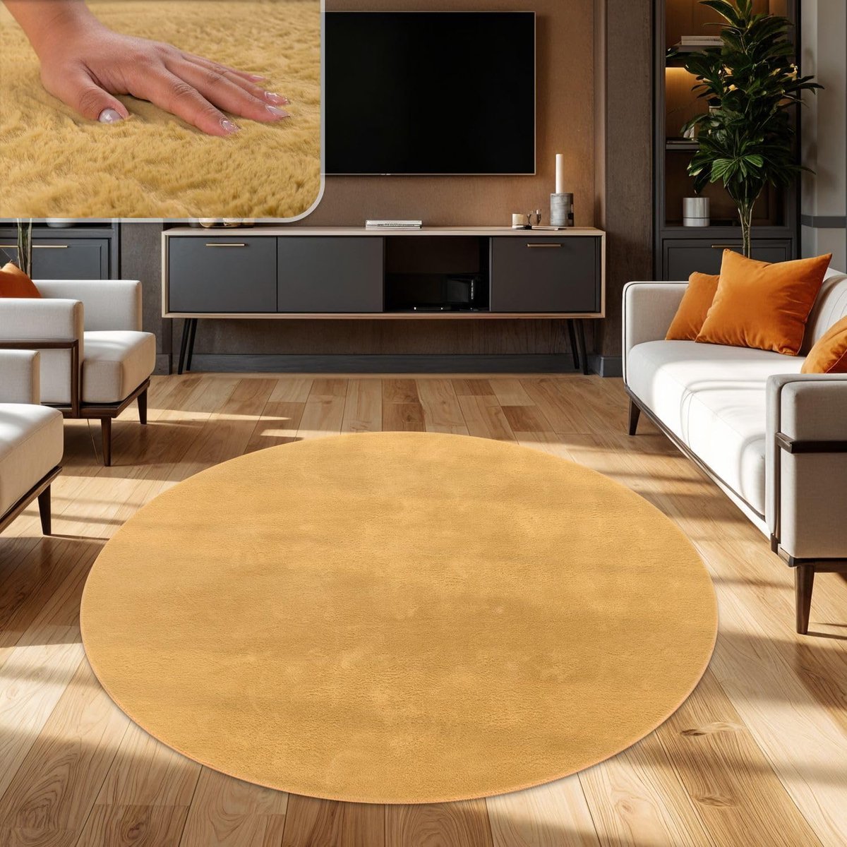 Home Hoogpolig Tapjit Shaggy Woonkamer Modern Effen Kleur Fluffy, Kleur:Geel, Maat:160 cm rond