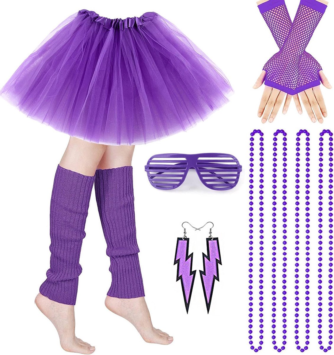 Jaren 80 verkleedkostuum, jaren 80, verkleedpartijkostuum, set voor volwassenen, tutu-rok met beenwarmers, visnet-handschoenen, neonkettingen, kralenverlichting, oorbellen, zonnebril voor