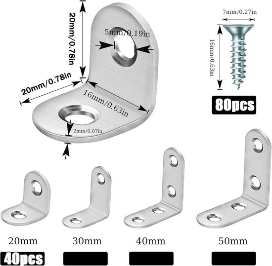 High Heels 40 stks L Beugels Hout Hoek 90 Graden Rechte Hoek Rvs Gezamenlijke Bevestiging w/Schroeven voor Planken Meubelkast (20MM), Zilver — afbeelding 2