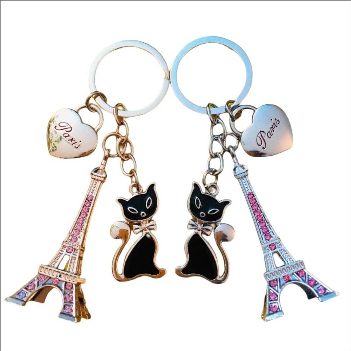 Decoration Sleutelhanger Parijs Eiffeltoren met kat, 2 stuks