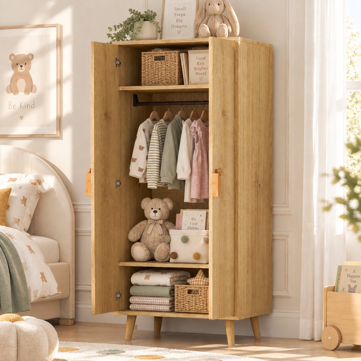 Welltin Kledingkast - Kledingkasten Slaapkamer - Kledingkast Opbergo - Garderobekast - Opbergkast - Met opbergvak - 170x70x55 cm - Dubbele deur design - Natuurlijke houtkleur