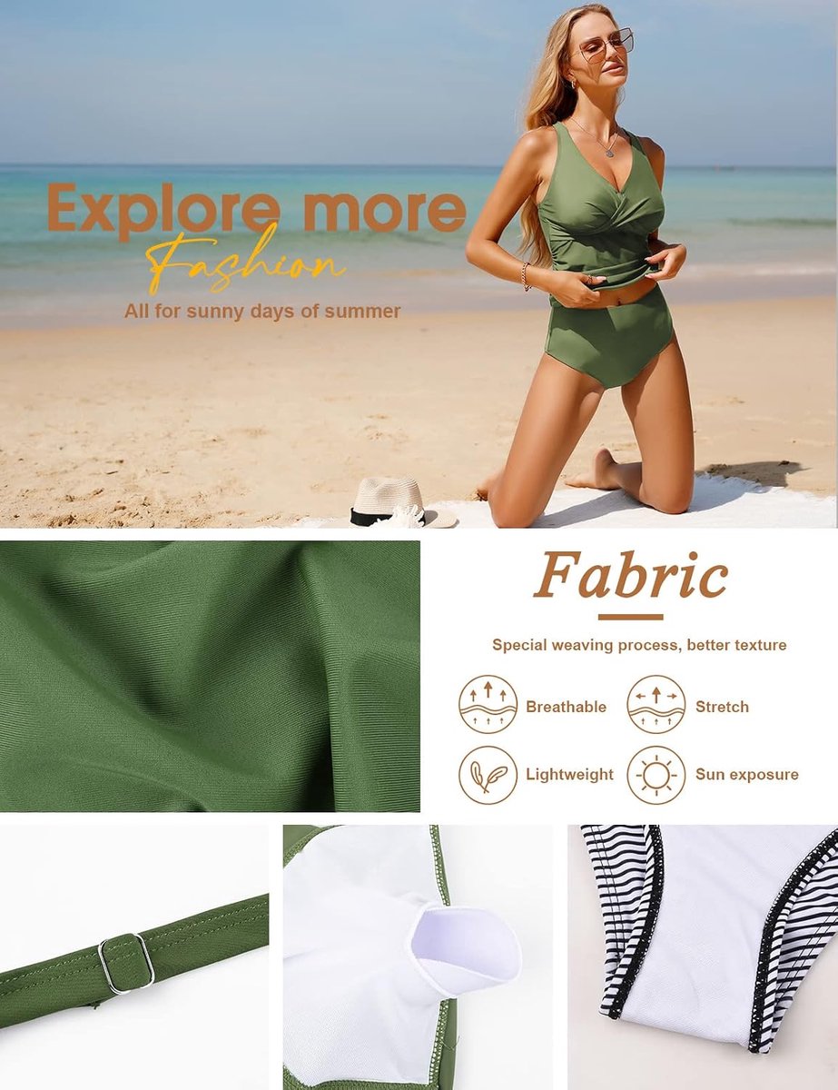 Sets voor dames, zwemkleding, buikcontrole, 2-delig badpak, badmode, push up, gewatteerde gekruiste tankinitop met hoog uitgesneden zwembroekje, V-hals