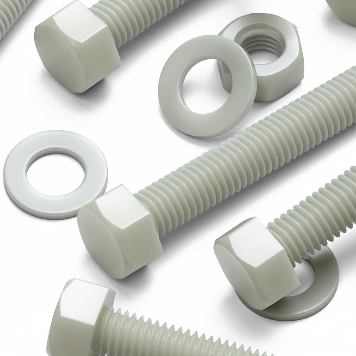 10x naturel PA66 GF zeskantbouten M10 x 60mm met moeren en sluitringen