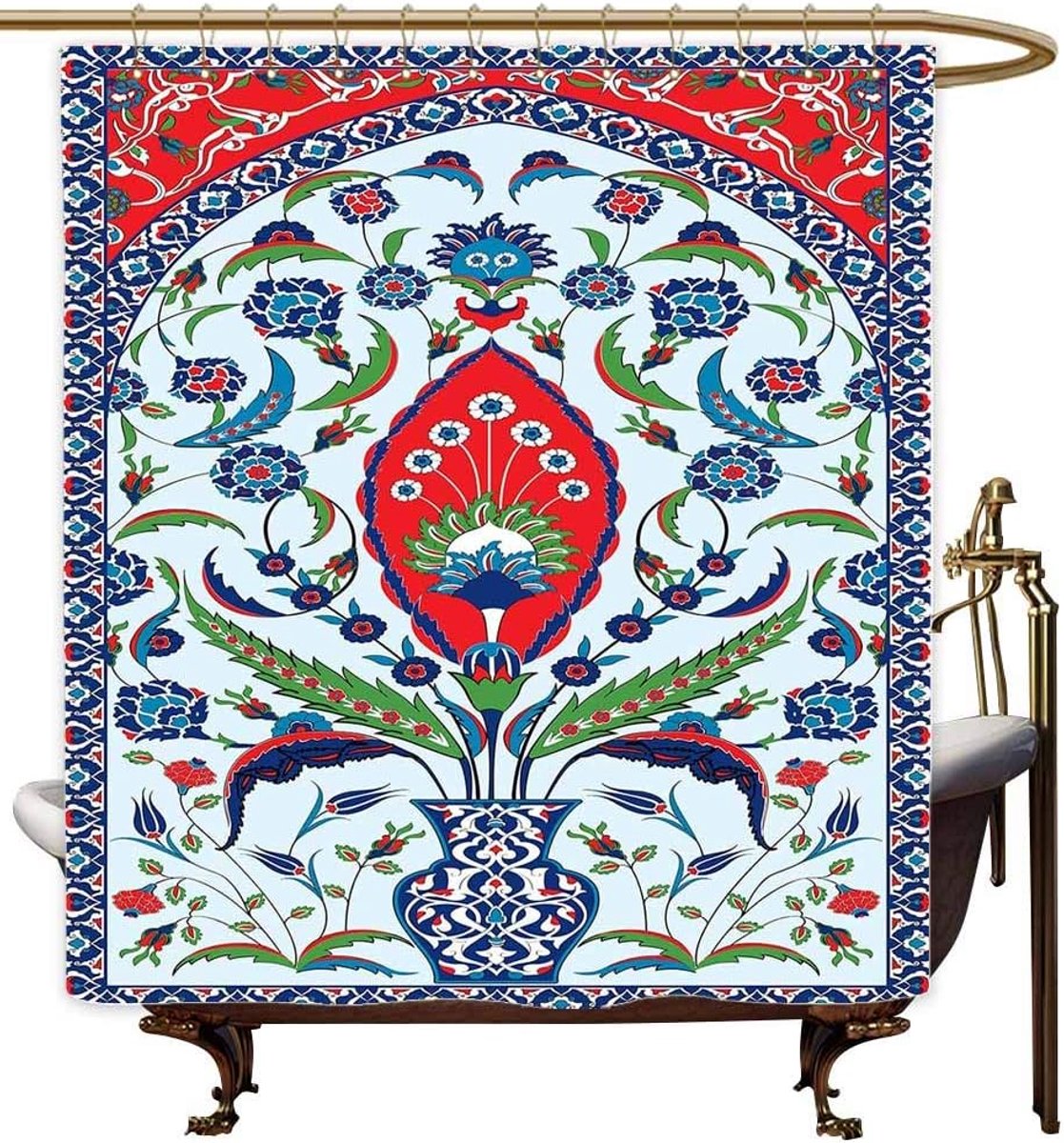 Douchegordijnen voor badkamer animatie Turks patroon, bloemen natuur kunst motieven uit Istanbul abstracte plant in een vaas, blauw groen scharlaken, B 169 x L 90, douchegordijn voor