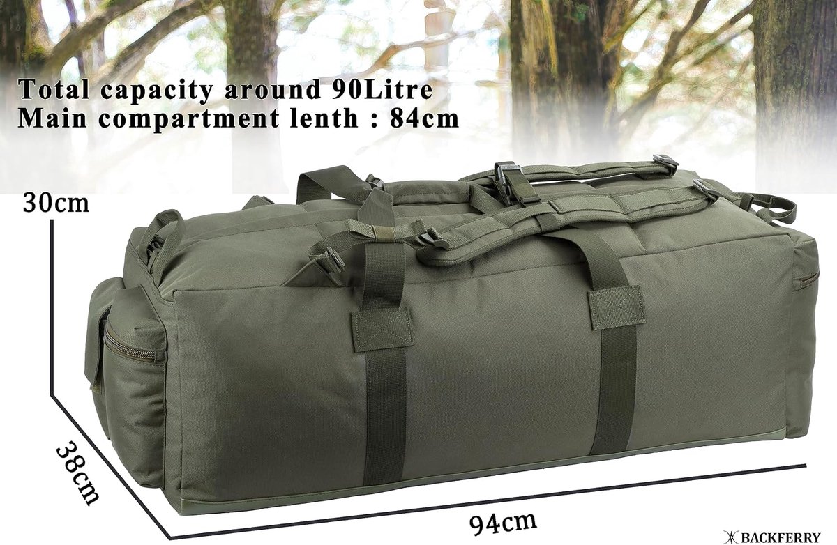 Militaire Duffle met Verwijderbare Rugzak Schouderbanden 80Liter, Olijfgroen