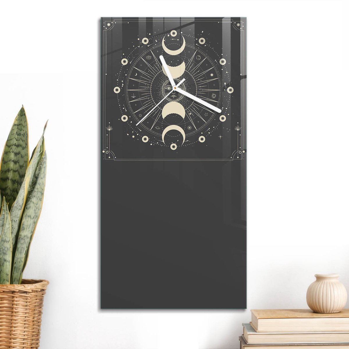 ArtPrintCave Zwart Glazen Klok - 30x60 cm - Rechthoekige Wandklok - Maanritueel Wandklok Keuken - Abstractie Unieke Klok - Witte Klokwijzers