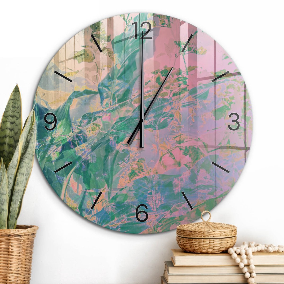 ArtPrintCave Roze Glazen Klok - Wandklok 60 cm - Muurklok Rond - Abstracte Bloemen Stille Wandklok - Bloemen En Planten Wandklok Keuken - Zwarte Klokwijzers