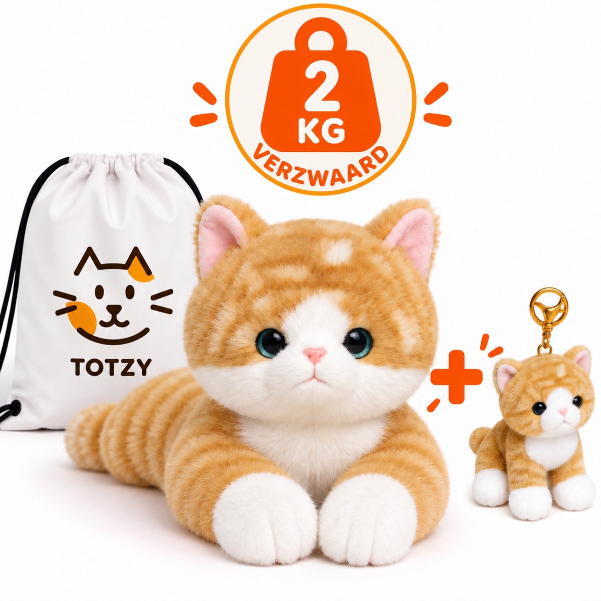 TOTZY Verzwaringsknuffel Kat 45 cm – 2 kg – Verzwaarde Knuffel + Knuffel sleutelhanger & Rugzak – Anti Stress – Voor Kinderen & Volwassenen – Sensorisch Speelgoed – Weighted Stuffed Animal- rust zenuwstelsel