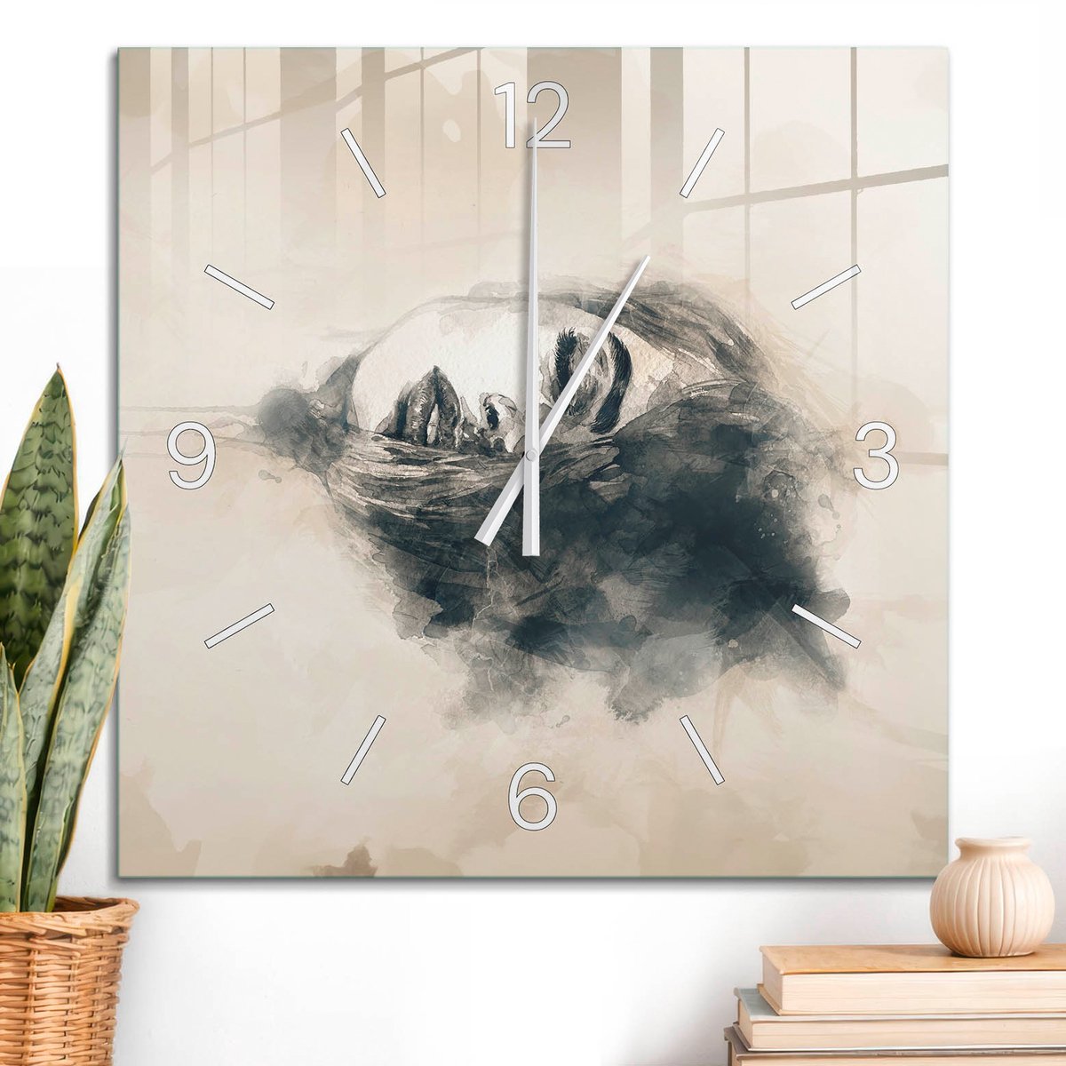ArtPrintCave Beige Glazen Klok - 60x60 cm - Wandklok Vierkant - Droomgezicht Unieke Klok - Kunst Stille Wandklok - Witte Klokwijzers