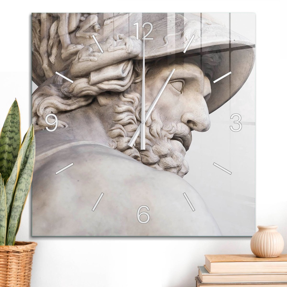 ArtPrintCave Wit Glazen Klok - 60x60 cm - Wandklok Vierkant - Oude Beeldhouwwerken Stille Wandklok - Mensen Wandklok Keuken - Witte Klokwijzers