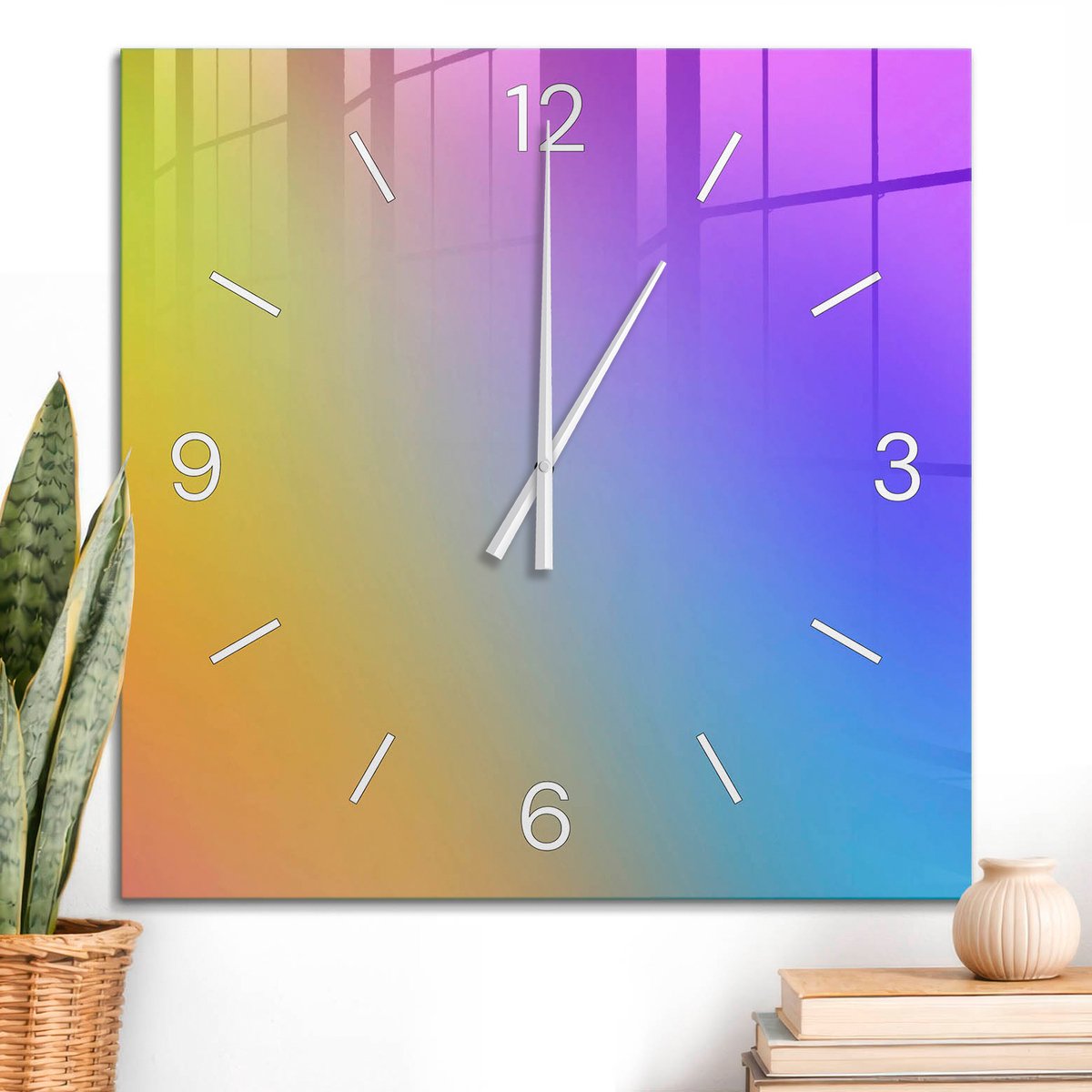 ArtPrintCave Geel Glazen Klok - 60x60 cm - Wandklok Vierkant - Regenbooggloed Unieke Klok - Achtergronden En Patronen Stille Wandklok - Witte Klokwijzers