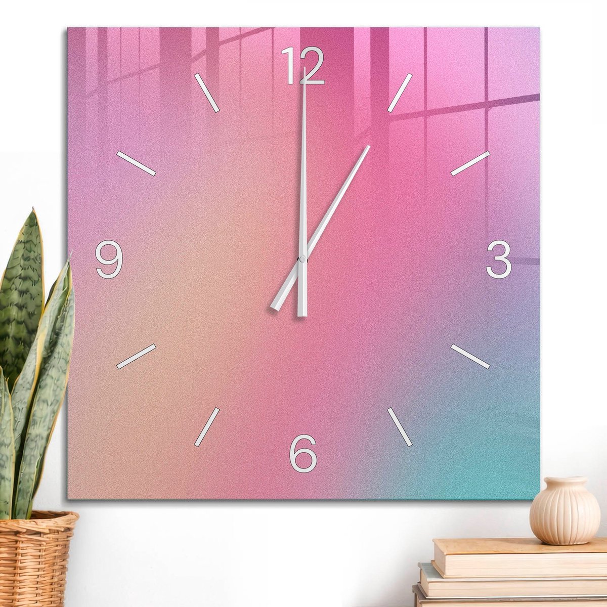 ArtPrintCave Roze Glazen Klok - 60x60 cm - Wandklok Vierkant - Pastelkleurige Overgang Wandklok Keuken - Abstractie Unieke Klok - Witte Klokwijzers
