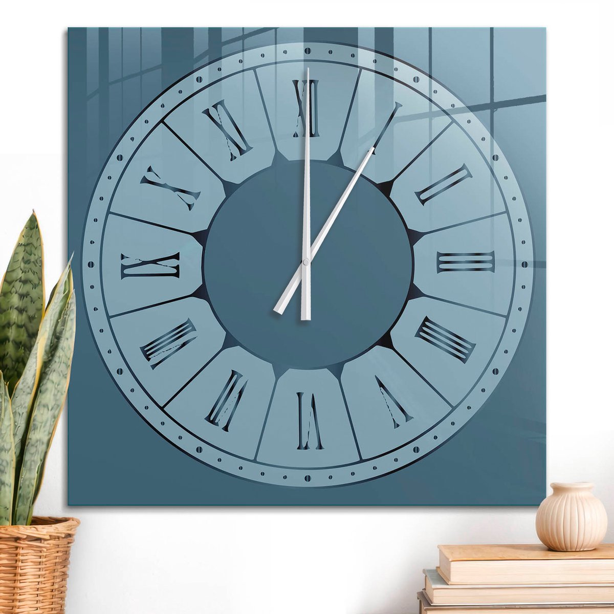 ArtPrintCave Blauw Glazen Klok - 60x60 cm - Wandklok Vierkant - Geometrische Klok Stille Wandklok - Abstractie Wandklok Keuken - Witte Klokwijzers