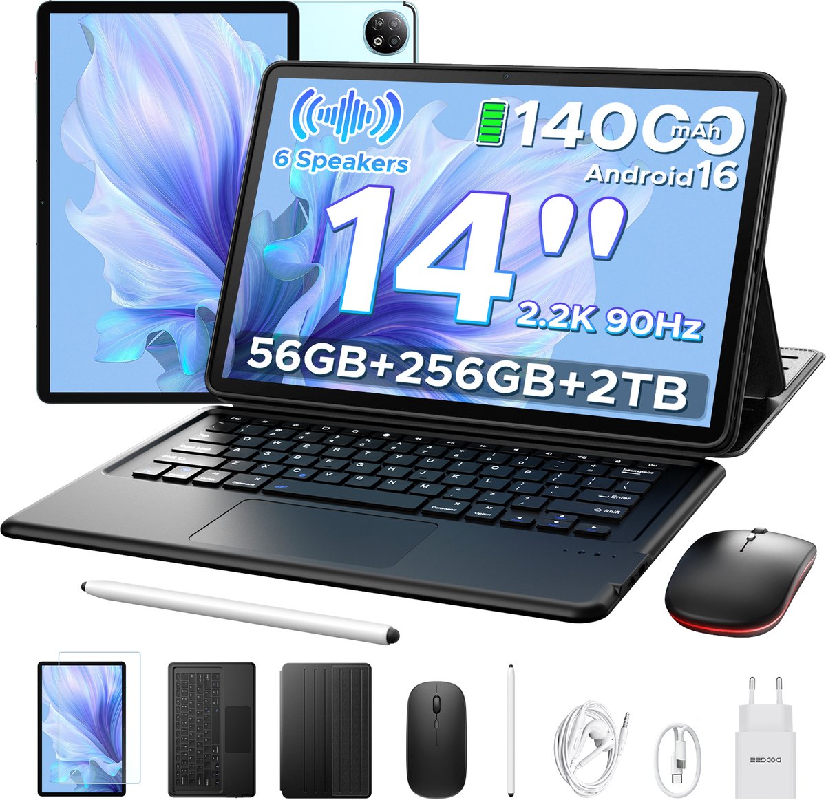 DOOGEE U14 VIP- Tablet - 56 GB RAM (6+50 GB) + 256 ROM (2TB/TF) - GAMINI AI - 14 inch 2.2K+90 Hz - 14000 mAh/33W - 6 Speaker -Android 16 -RK3576S AI- inclusief muis - Stylus - toetsenbord- Beschermhoes - Schermbeschermer - Blauw