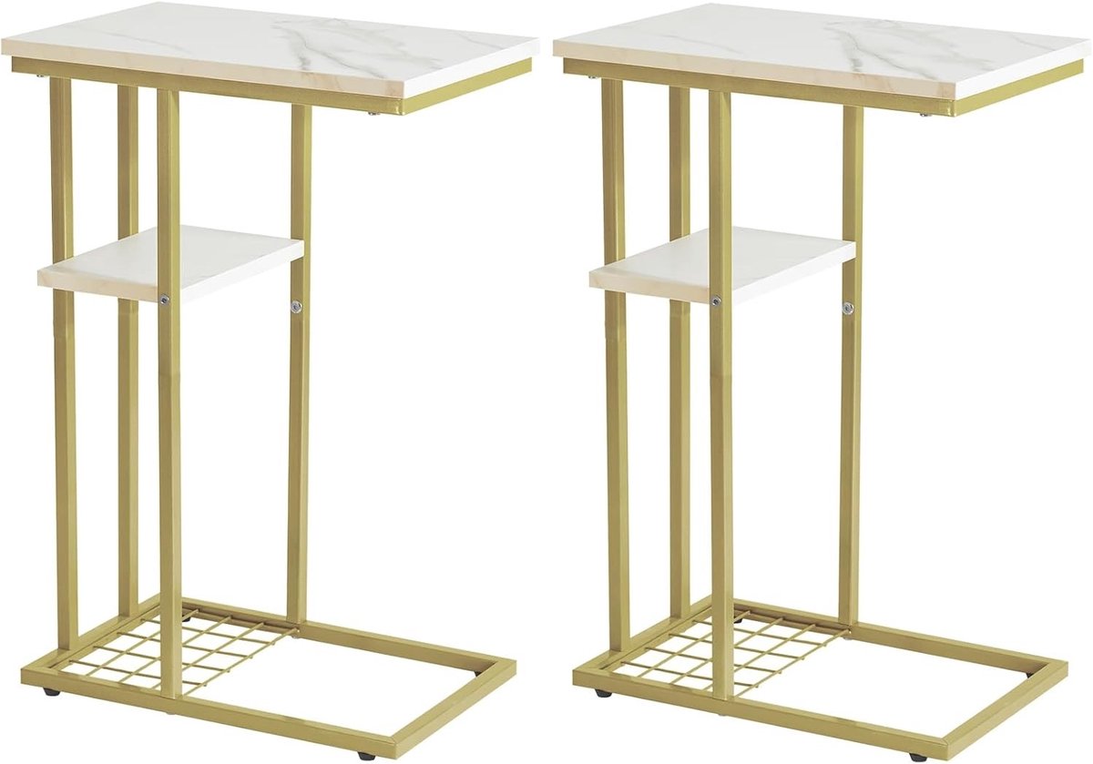 Vellaro Bijzettafel set - Marmeren patroon wit en goud - 40 x 26 x 61,5 cm - Industriële C-vormige bijzettafel met opbergplank - Voor woonkamer en slaapkamer