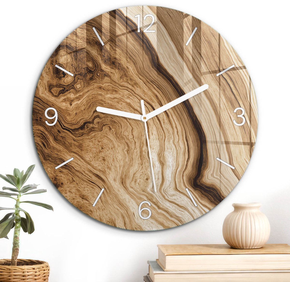ArtPrintCave Bruin Glazen Klok - Wandklok 30 cm - Muurklok Rond - Aardse Elegantie Wandklok Keuken - Natuur Unieke Klok - Witte Klokwijzers