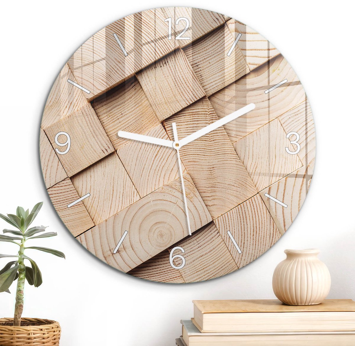 ArtPrintCave Beige Glazen Klok - Wandklok 30 cm - Muurklok Rond - Houten Patronen Wandklok Keuken - Achtergronden En Patronen Unieke Klok - Witte Klokwijzers