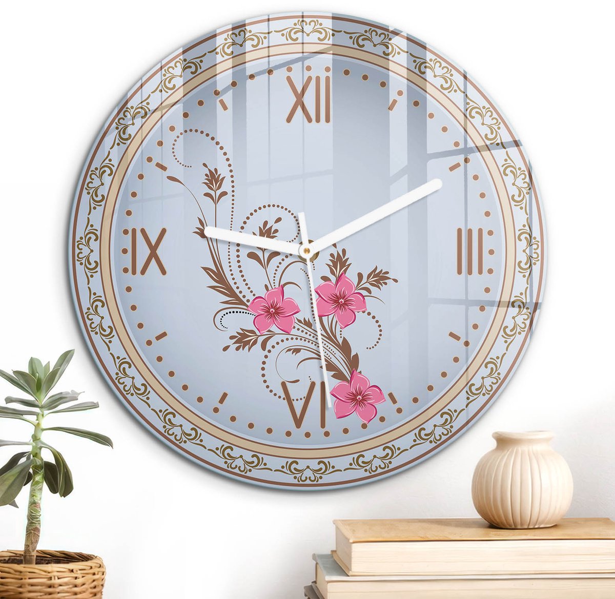 ArtPrintCave Bruin Glazen Klok - Wandklok 30 cm - Muurklok Rond - Bloemenklok Stille Wandklok - Bloemen En Planten Wandklok Keuken - Witte Klokwijzers