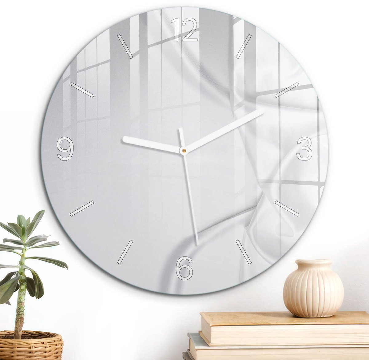 ArtPrintCave Wit Glazen Klok - Wandklok 30 cm - Muurklok Rond - Witte Stof Wandklok Keuken - Texturen Unieke Klok - Witte Klokwijzers