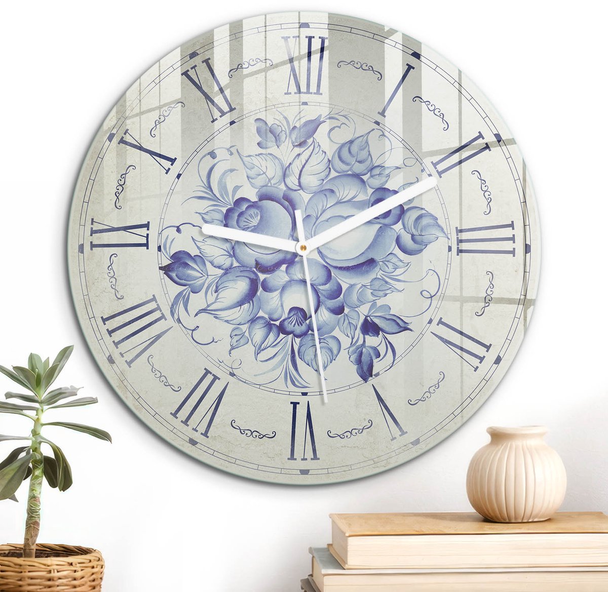 ArtPrintCave Romig Glazen Klok - Wandklok 30 cm - Muurklok Rond - Bloemenklok Stille Wandklok - Bloemen En Planten Wandklok Keuken - Witte Klokwijzers