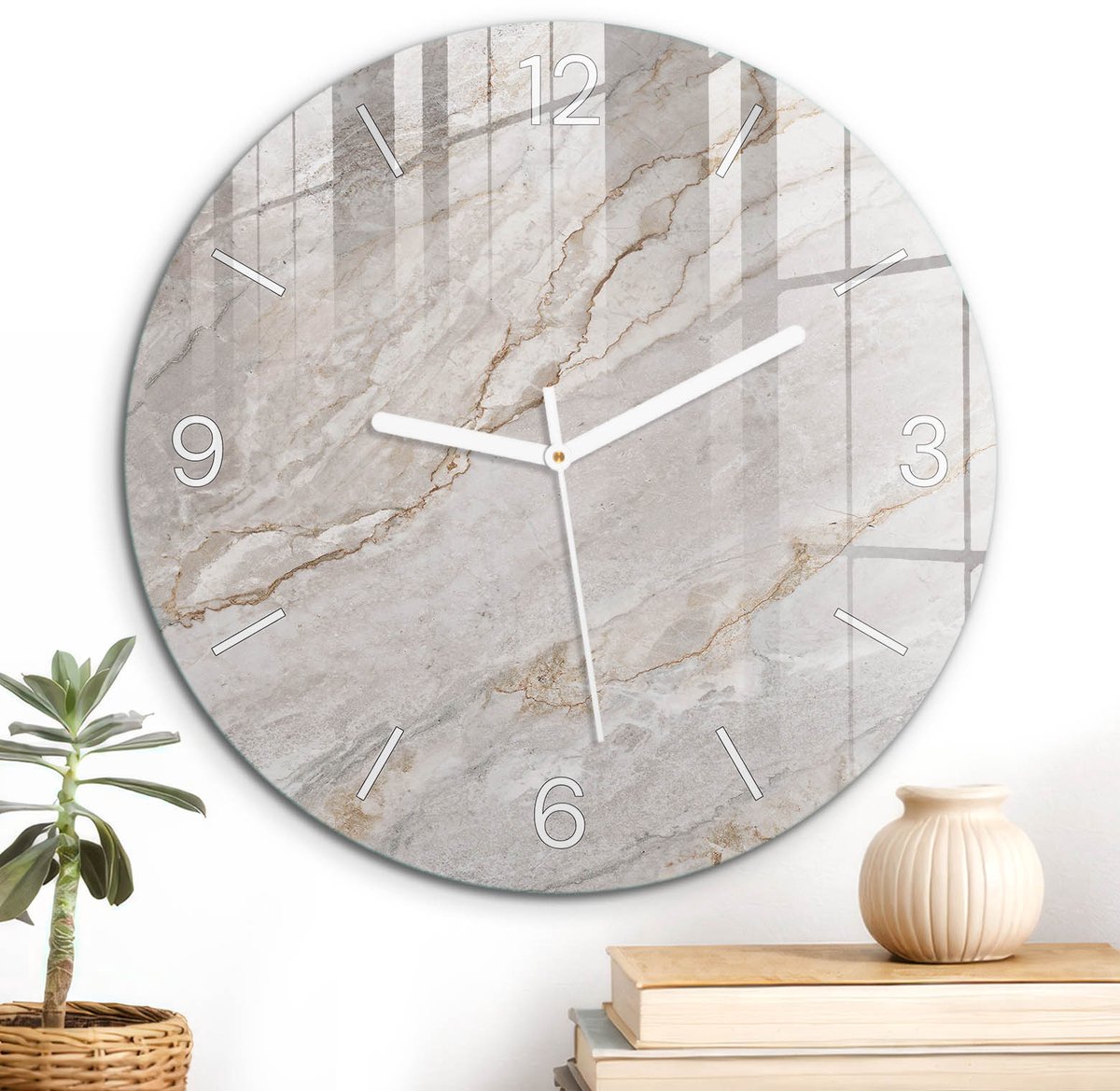 ArtPrintCave Grijs Glazen Klok - Wandklok 30 cm - Muurklok Rond - Marmerpatroon Wandklok Keuken - Achtergronden En Patronen Unieke Klok - Witte Klokwijzers
