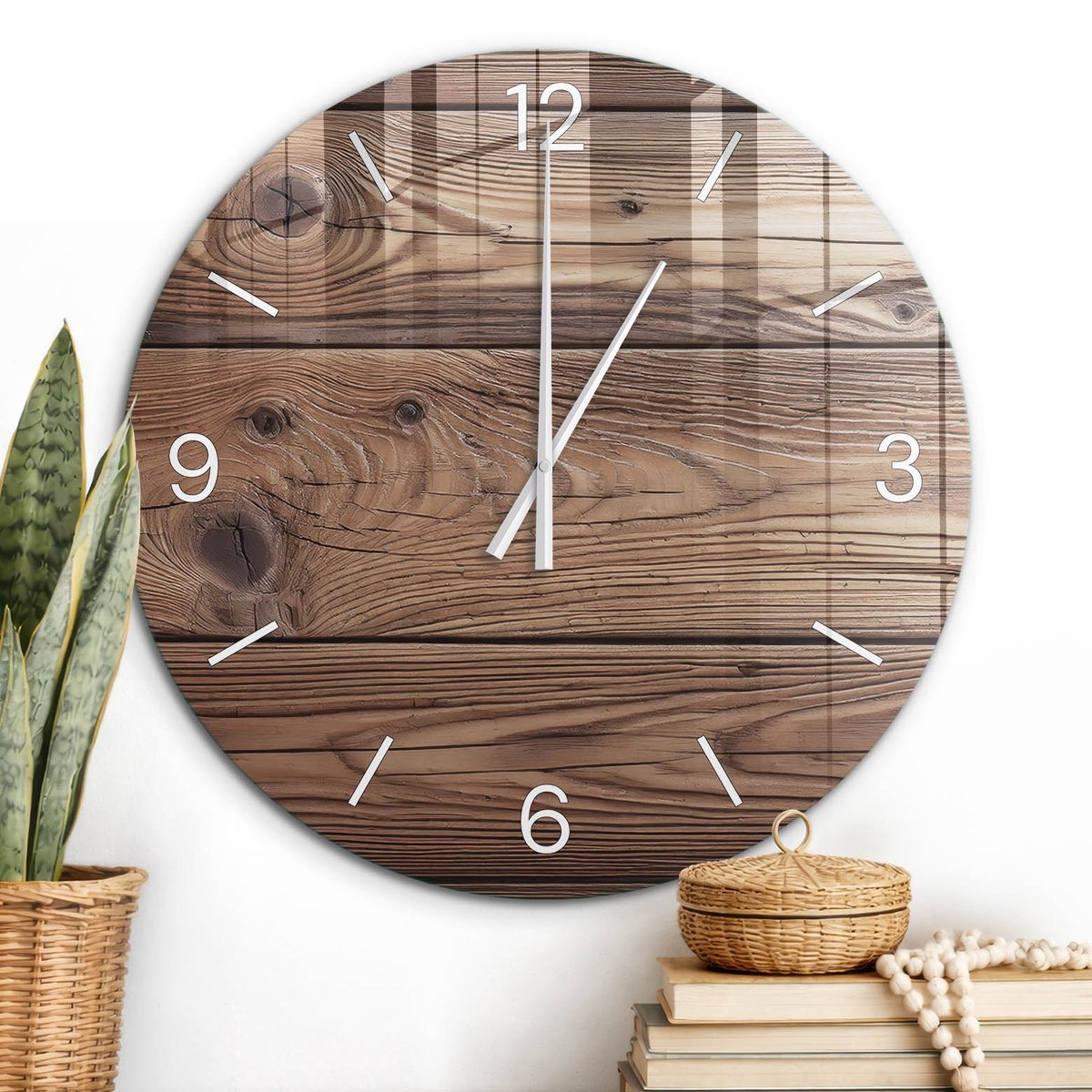 ArtPrintCave Bruin Glazen Klok - Wandklok 60 cm - Muurklok Rond - Houten Planken Stille Wandklok - Achtergronden En Patronen Wandklok Keuken - Witte Klokwijzers