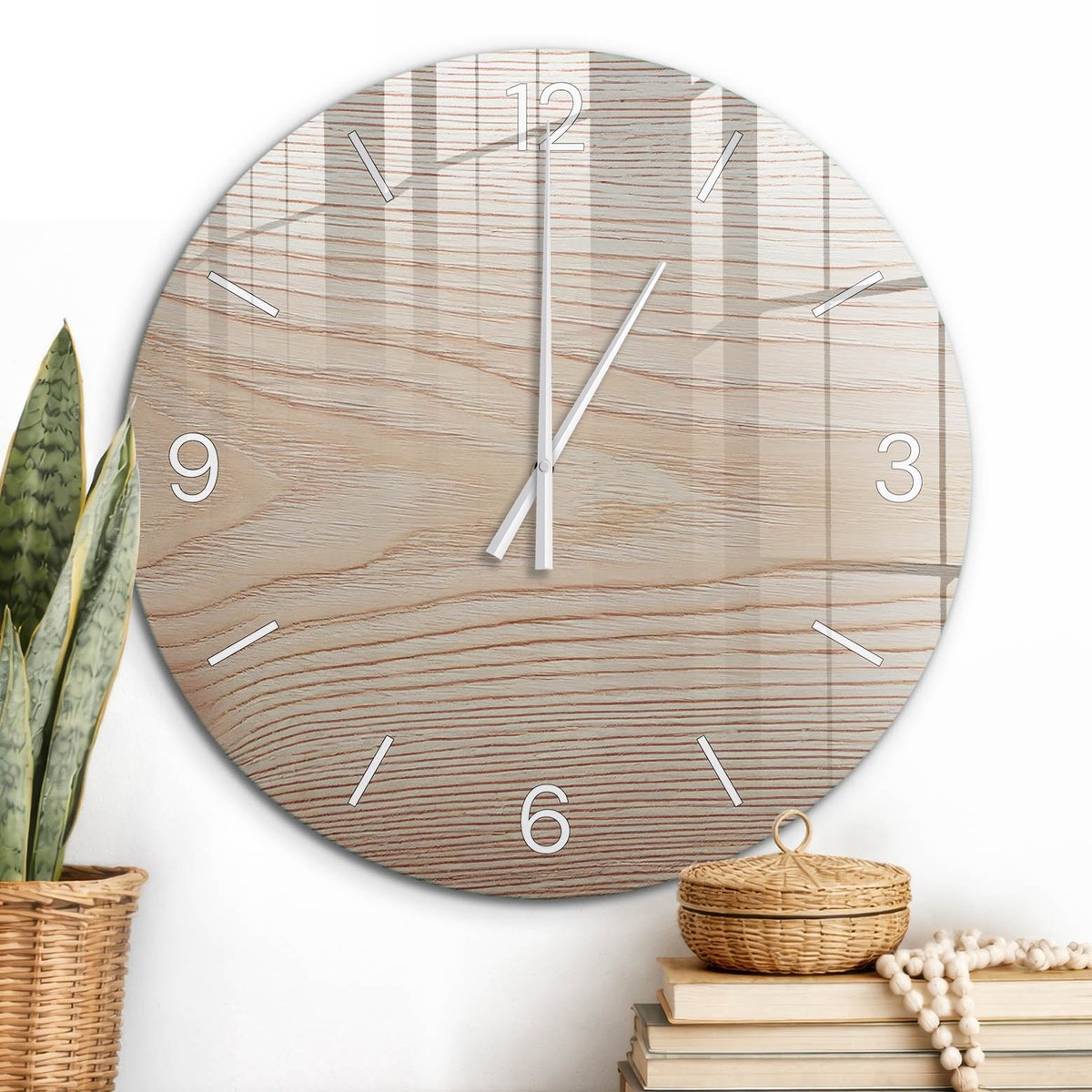 ArtPrintCave Beige Glazen Klok - Wandklok 60 cm - Muurklok Rond - Houten Patronen Unieke Klok - Natuur Stille Wandklok - Witte Klokwijzers