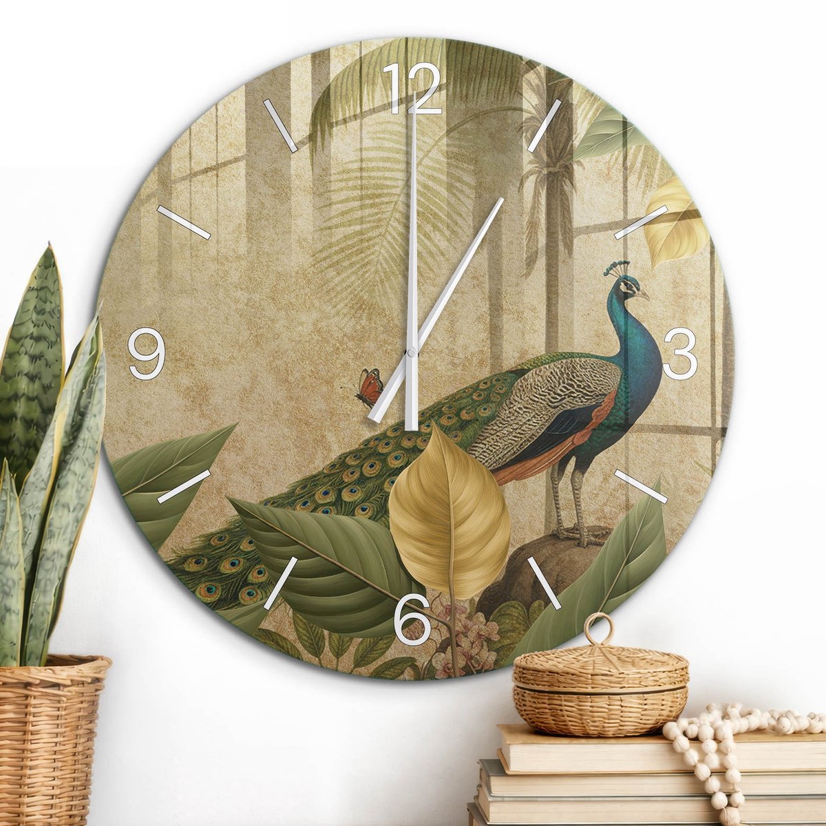 ArtPrintCave Groene Glazen Klok - Wandklok 60 cm - Muurklok Rond - Koningsvogel Unieke Klok - Dieren Stille Wandklok - Witte Klokwijzers