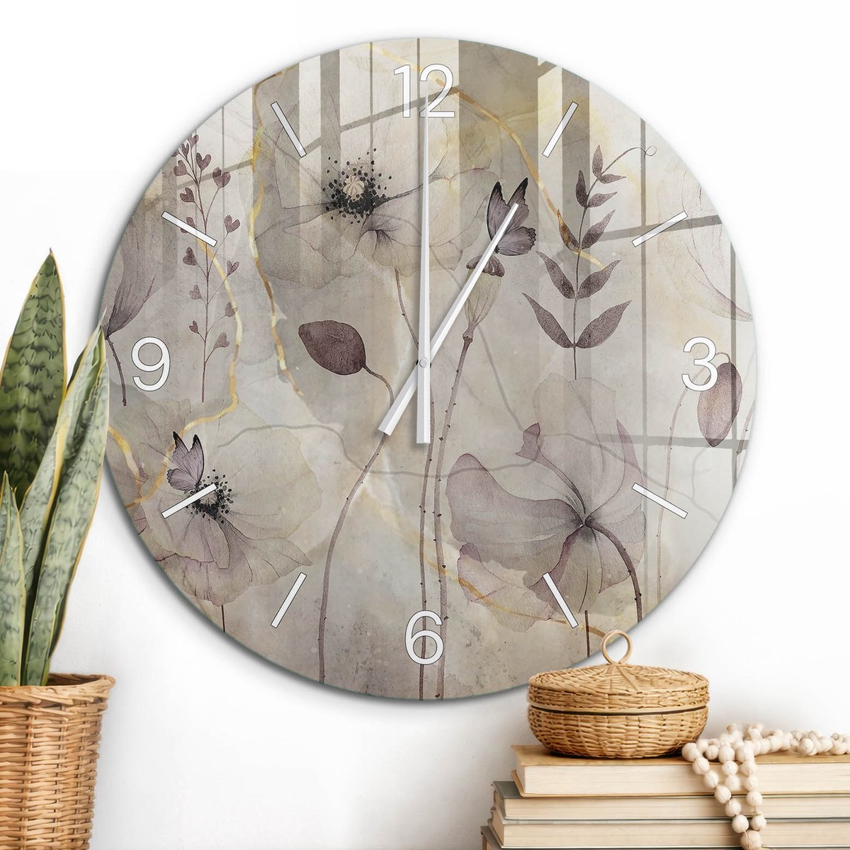 ArtPrintCave Beige Glazen Klok - Wandklok 60 cm - Muurklok Rond - Bloemige Lichtheid Unieke Klok - Natuur Stille Wandklok - Witte Klokwijzers