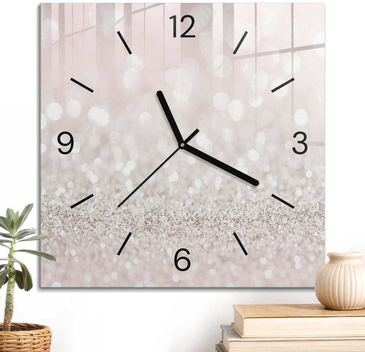 ArtPrintCave Roze Glazen Klok - 30x30 cm - Wandklok Vierkant - Romantische Gloed Stille Wandklok - Abstractie Wandklok Keuken - Zwarte Klokwijzers