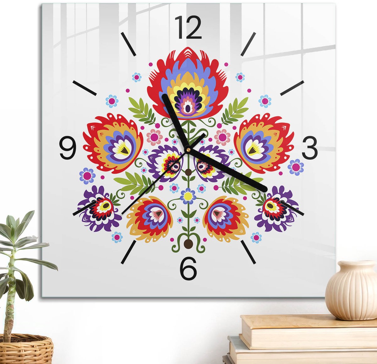 ArtPrintCave Rood Glazen Klok - 30x30 cm - Wandklok Vierkant - Volksbloemen Unieke Klok - Kunst Stille Wandklok - Zwarte Klokwijzers