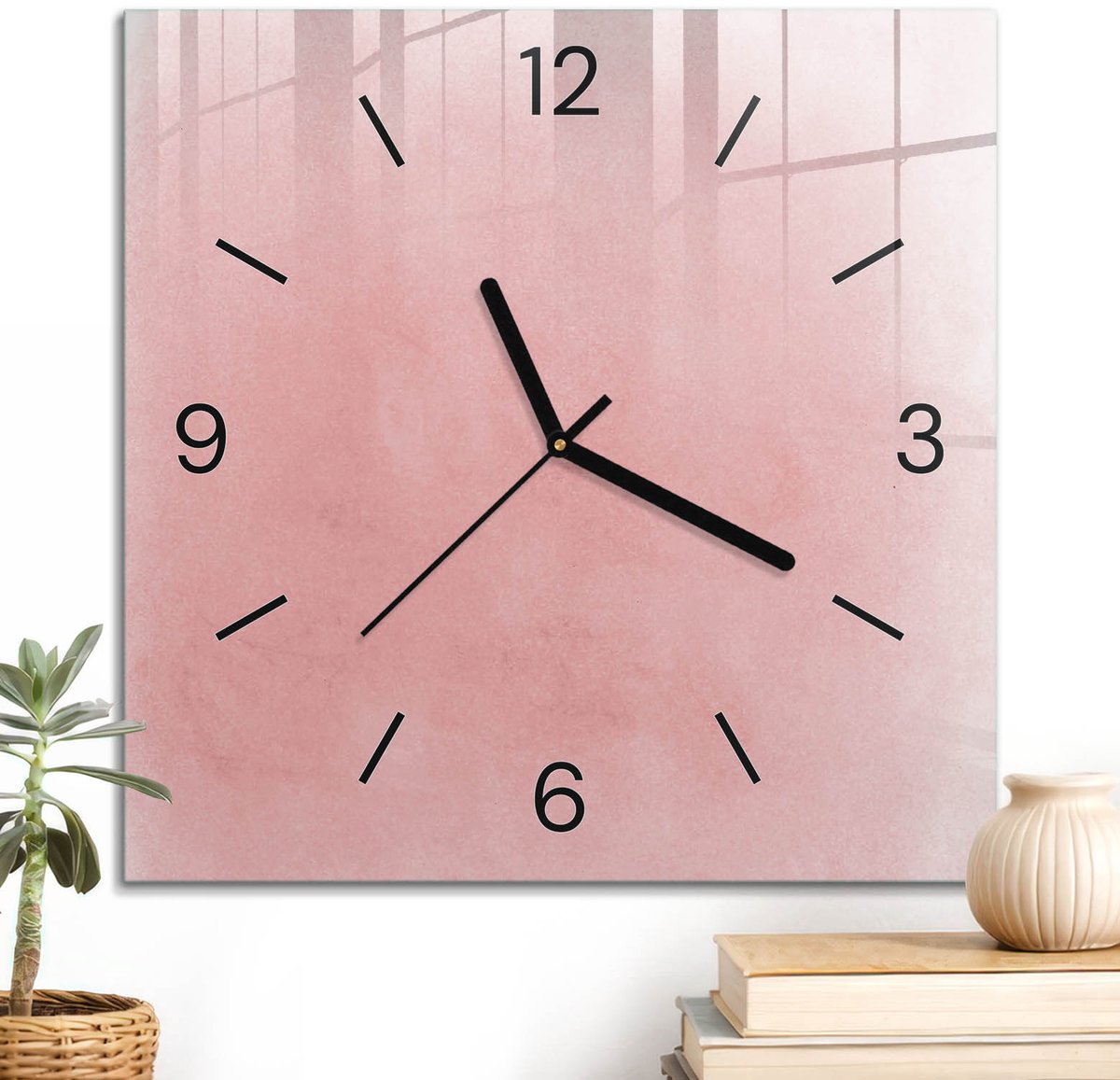 ArtPrintCave Roze Glazen Klok - 30x30 cm - Wandklok Vierkant - Roze Aquarelverf Wandklok Keuken - Achtergronden En Patronen Unieke Klok - Zwarte Klokwijzers