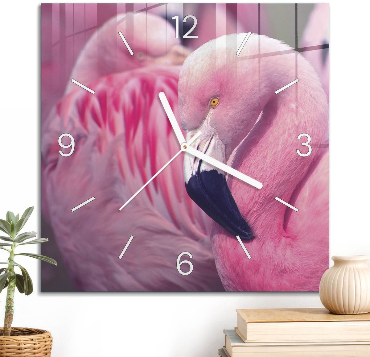 ArtPrintCave Roze Glazen Klok - 30x30 cm - Wandklok Vierkant - Roze Flamingo'S Wandklok Keuken - Natuur Unieke Klok - Witte Klokwijzers
