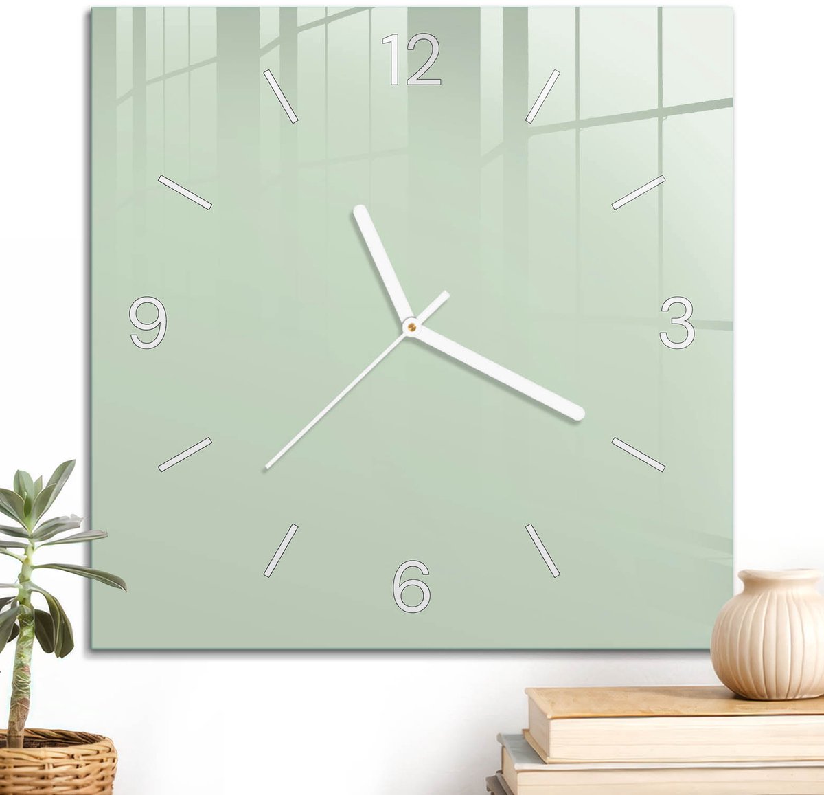 ArtPrintCave Groene Glazen Klok - 30x30 cm - Wandklok Vierkant - Mintgroen Stille Wandklok - Abstractie Wandklok Keuken - Witte Klokwijzers