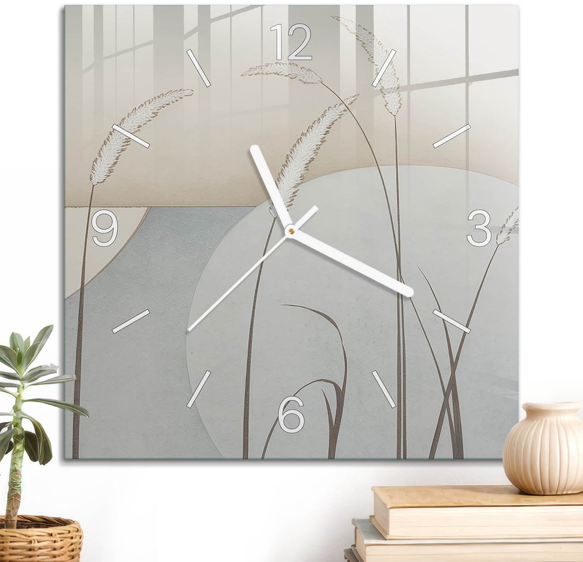 ArtPrintCave Romig Glazen Klok - 30x30 cm - Wandklok Vierkant - Geometrische Aard Unieke Klok - Abstractie Stille Wandklok - Witte Klokwijzers