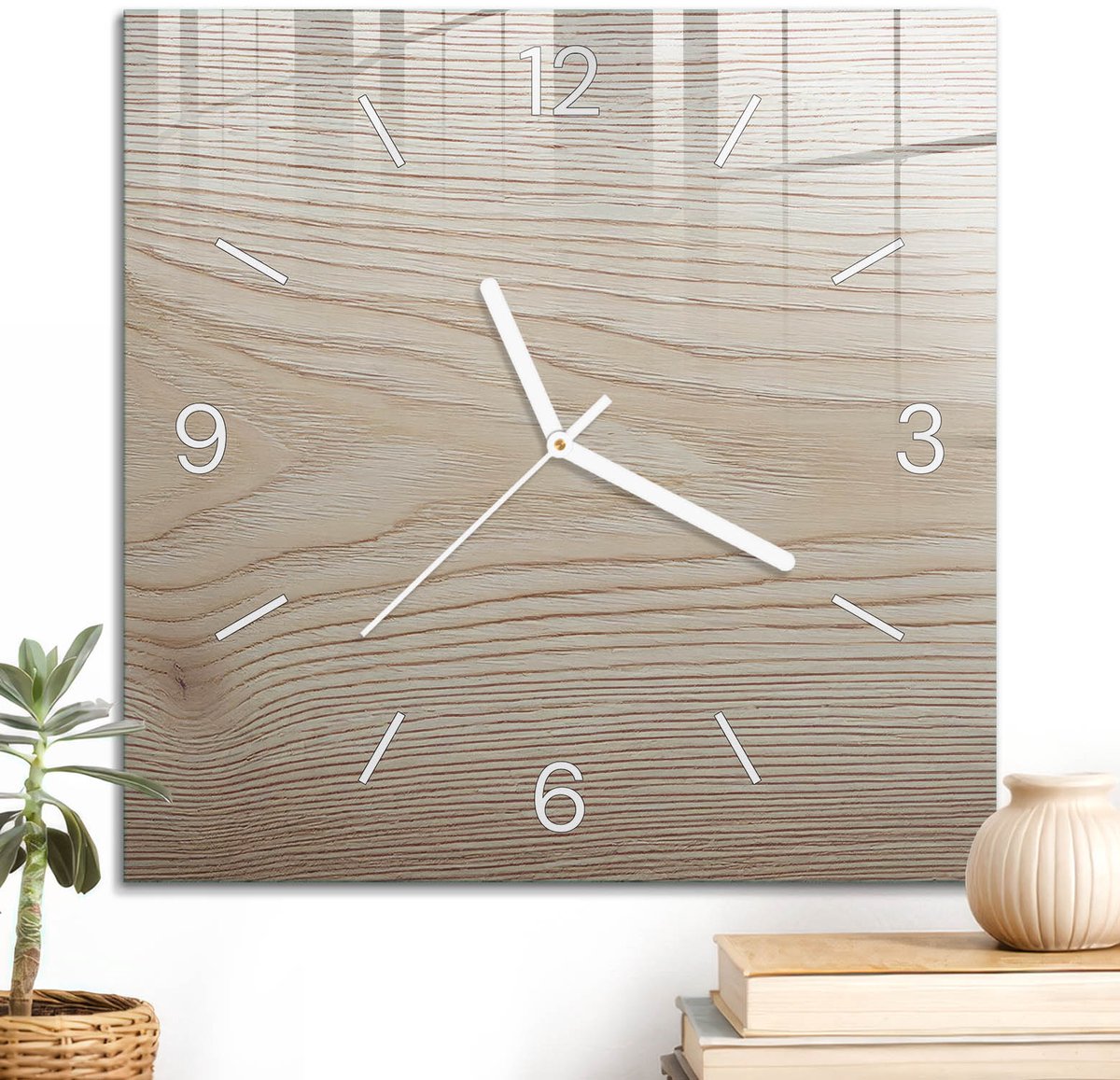 ArtPrintCave Beige Glazen Klok - 30x30 cm - Wandklok Vierkant - Houten Patronen Unieke Klok - Natuur Stille Wandklok - Witte Klokwijzers